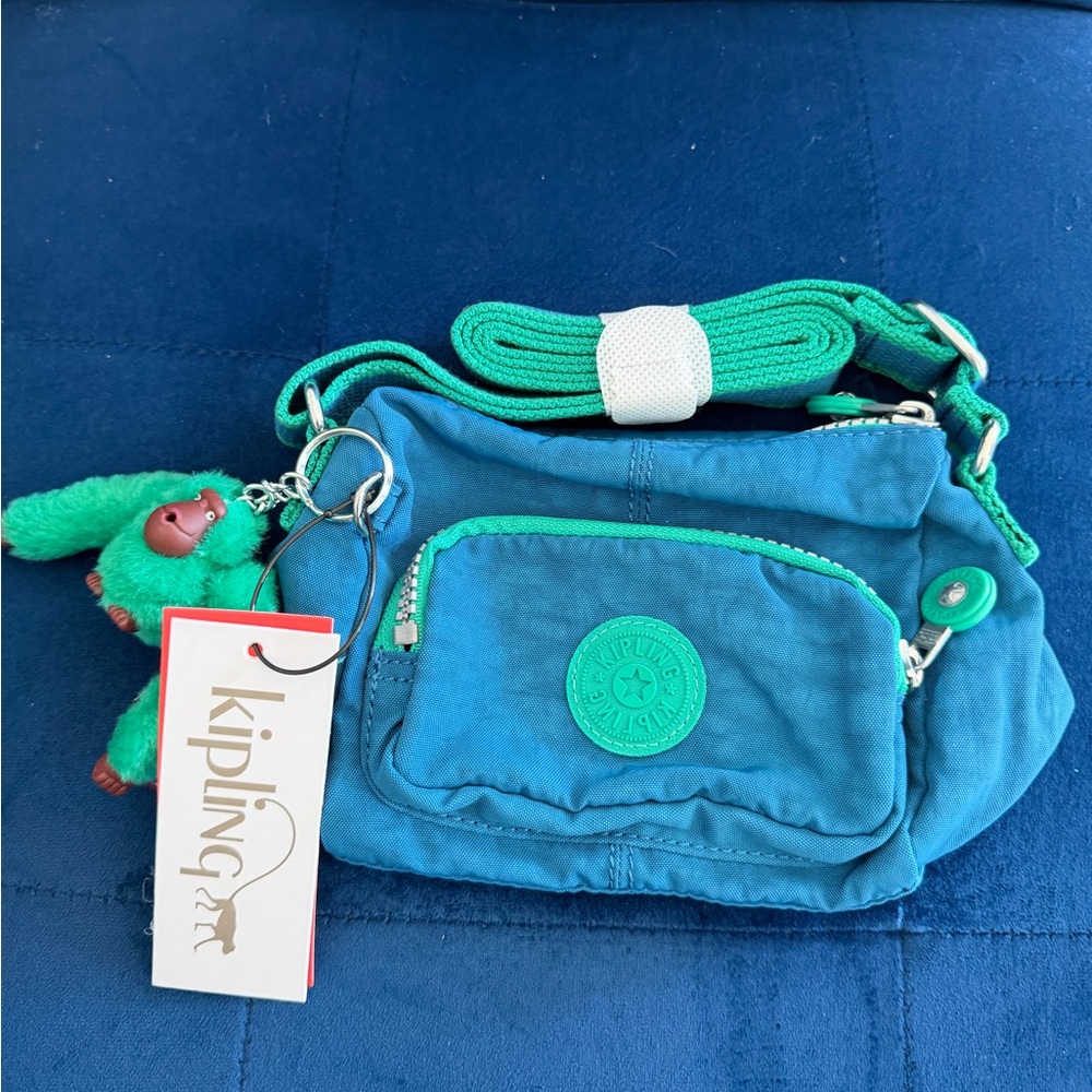 Kipling Teal and Green Nylon Crossbody Bag with Monkey Charm